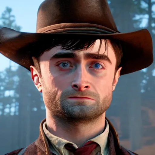 Prompt: Film still of Daniel Radcliffe, from Red Dead Redemption 2 (2018 video game)