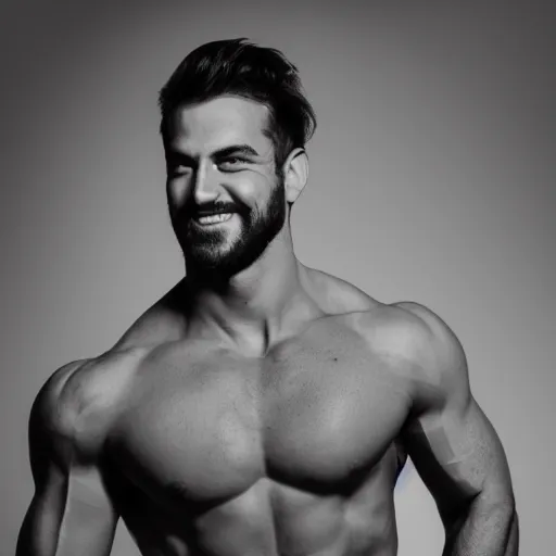 Prompt: grey - scale portrait of a man looking slightly left with a pronounced long square chin with thin face, has thick facial hair, very short black hair, manly face, widely grinning, body builder, large chest muscles, no shirt, dark lighting, dark grey background