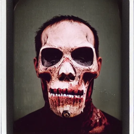 Image similar to polaroid photo of man ’ s mangled face like ghost rider, blood and bone, mexican cartel