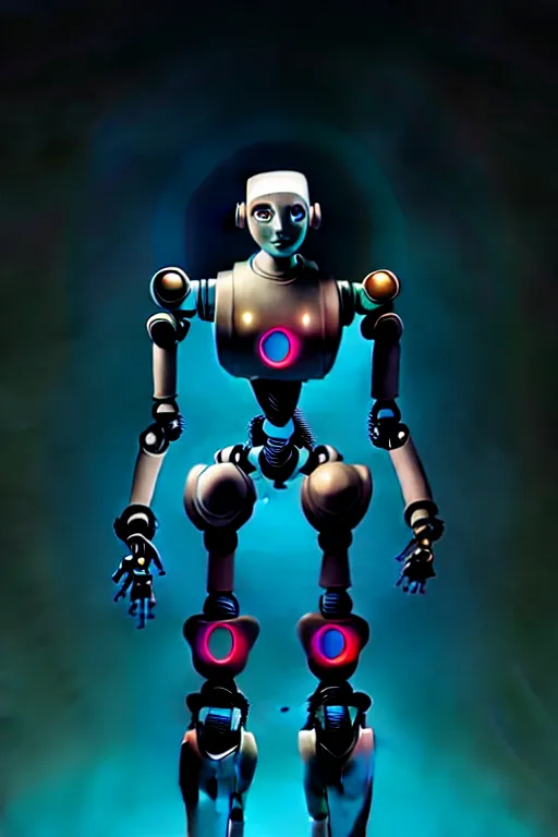 Image similar to beautiful robot character design, full body, whole body, one face, dystopian, glowing led lights, skin details, digital painting, comic book drawin, sculpted in zbrush, artstation, concept art, smooth, sharp, chiaroscuro, soft lighting, rule of thirds, fibonacci, art by mike mignola and david rubin