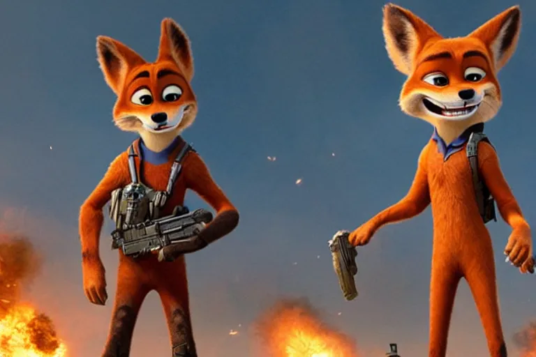 Image similar to nick wilde ( from zootopia ), heavily armed and armored facing down armageddon in a dark and gritty reboot from the makers of mad max : fury road