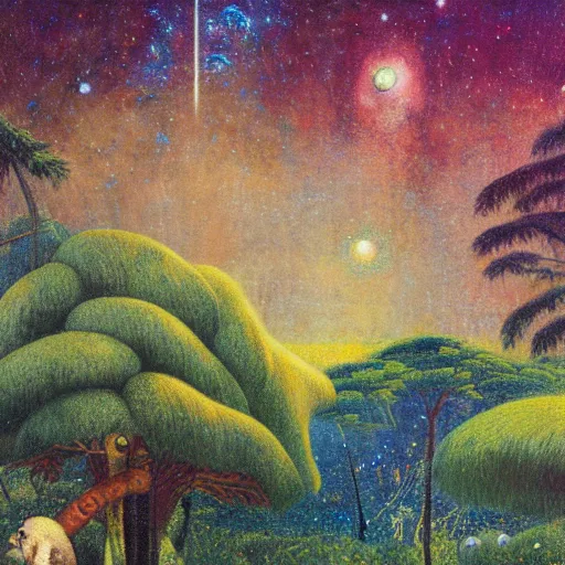 Image similar to psychedelic small cats hidden lush pine forest, outer space, milky way, designed by arnold bocklin, jules bastien - lepage, tarsila do amaral, wayne barlowe and gustave baumann, cheval michael, trending on artstation, star, sharp focus, colorful refracted sparkles and lines, soft light, 8 k 4 k