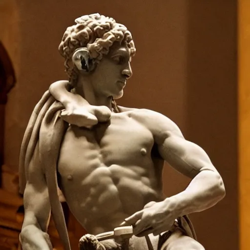 Image similar to A photo of Michelangelo's sculpture of David wearing headphones djing