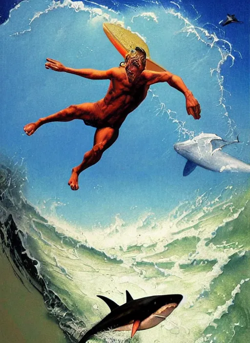 Prompt: realistic detailed image of a surfer jumping over a shark in the middle of a blue occean in the style of Francis Bacon, Surreal, Norman Rockwell and James Jean, Greg Hildebrandt, and Mark Brooks, triadic color scheme, By Greg Rutkowski, in the style of Francis Bacon and Syd Mead and Edward Hopper and Norman Rockwell and Beksinski, open ceiling, highly detailed, painted by Francis Bacon, painted by James Gilleard, surrealism, airbrush, Ilya Kuvshinov, WLOP, Stanley Artgerm, very coherent, art by Takato Yamamoto and James Jean