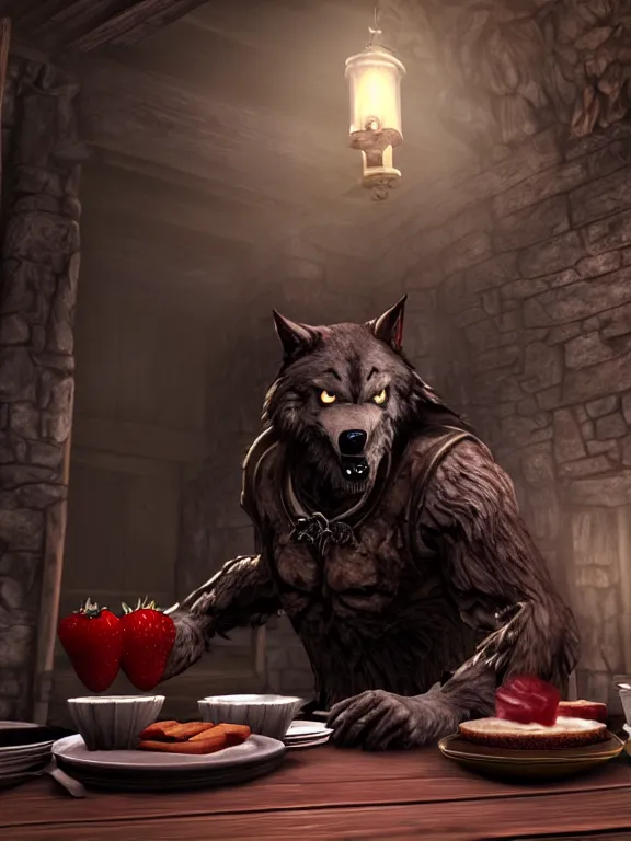 Image similar to cute handsome cuddly burly surly relaxed calm timid werewolf from van helsing sitting down at the breakfast table in the kitchen of a normal country home cooking having fun lighthearted whimsy baking strawberry tart cakes unreal engine hyperreallistic render 8k character concept art masterpiece screenshot from the video game the Elder Scrolls V: Skyrim
