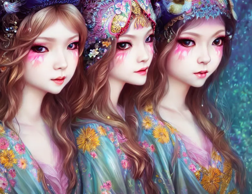 Image similar to two beautiful fashion siberian girls wear fantasy kimono in festival | | big eyes, sunny, dreamlike art, realistic shaded, smile, good looking, hyper details, 4 k realistic, cryengine, realistic shaded lighting poster by artgerm, ross tran, fuji choko, loish, 8 k resolution, trending on artstation, luxury