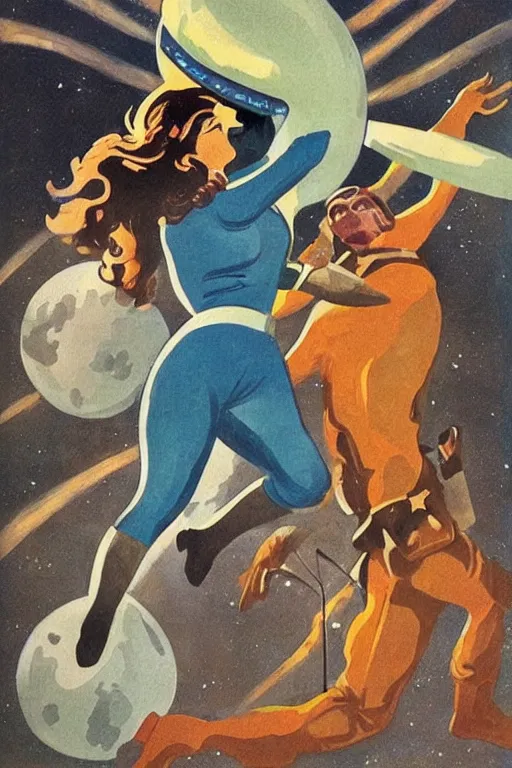 Prompt: Soviet propaganda art of a beautiful female cosmonaut fighting an alien.