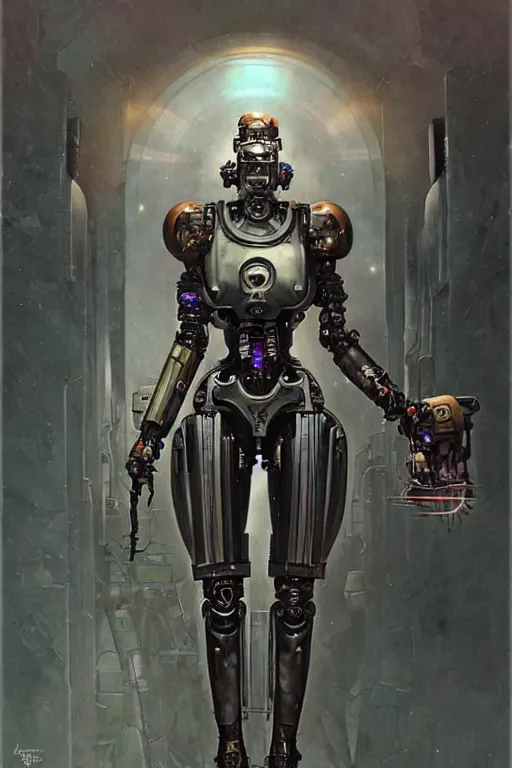 Image similar to fullbody or portrait, simple futurist cyborg empress, warhammer 4 0 k, perfect future, award winning art by santiago caruso, iridescent color palette, by wlop and karol bak and bouguereau and viktoria gavrilenko, 1 9 7 0 s retro future robot android. muted colors