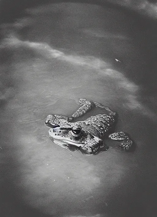 Prompt: “semitranslucent smiling frog vertically hovering over misty lake waters in crucifix pose, low angle, long cinematic shot by Andrei Tarkovsky, paranormal, eerie, mystical”