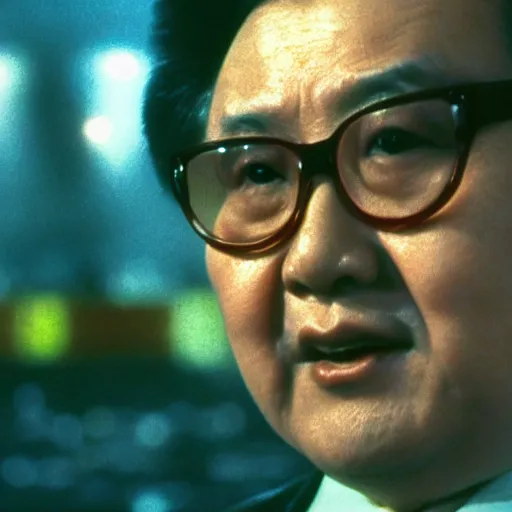 Prompt: A filmstill of Kim Jong-il looking upwards towards a movie screen projecting monster movies, Cooke Varotal 20-100mm T3 lens, ambient fog, night, ultra-wide lens, 14mm, cinemascope