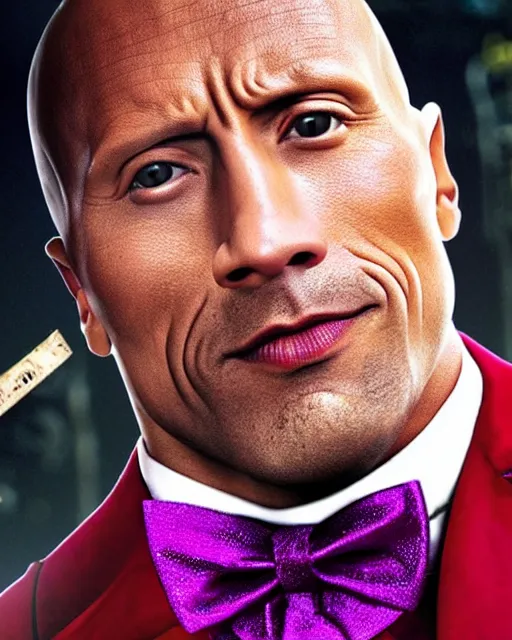 Image similar to Film still close-up shot of Dwayne Johnson as Willy Wonka from the movie Willy Wonka & The Chocolate Factory. Photographic, photography