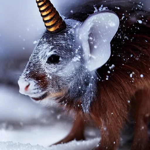 Prompt: unicorn mouse blue boots searching for food in the snow, macro shot, soft light of winter, award winning photo, national geographic,