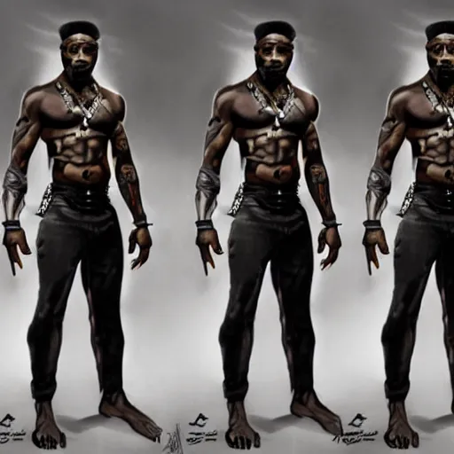 Image similar to 2 pac as black panther, tattoos, full length wide shot. aspect ratio 9 : 1 6. digital painting, extremely detailed, 4 k, intricate, brush strokes, mark arian, artgerm, bastien lecouffe - deharme