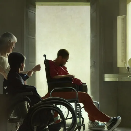 Image similar to a male patient in a wheelchair in the hospital with his wife and son standing by. happy, cheerful, smiling, intricate, face enhance, cinematic lighting, featured in artistation, 8 k, art by greg rutkowski, william adolphe bouguereau