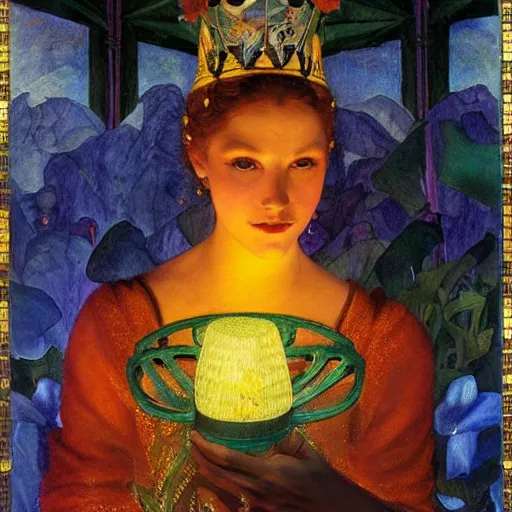 Image similar to queen of twilight with her lantern, by Annie Swynnerton and Diego Rivera and Tino Rodriguez and Maxfield Parrish, elaborate headdress and embroidered velvet, iridescent beetles, rich color, dramatic cinematic lighting, extremely detailed