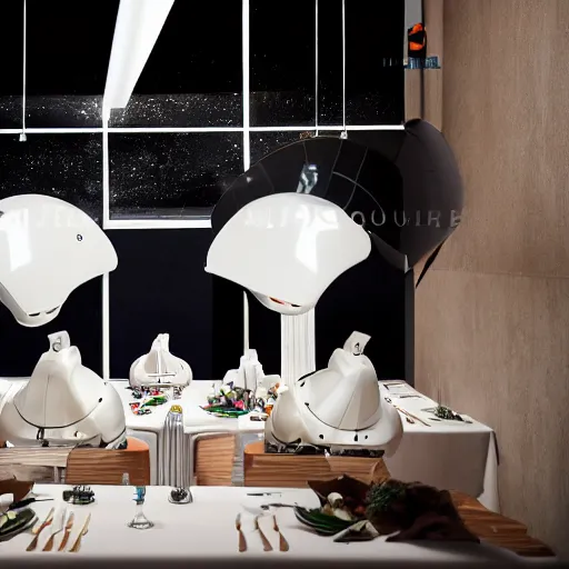 Image similar to three large white glossy kuka industrial robot arms on the floor around a dinner table full of food, the kuka industrial robot arms are wearing bow ties, they are having a dinner party inside a posh fine dining restaurant with retro modern furniture and decor, global illumination, artstation, fantasy, volumetric light