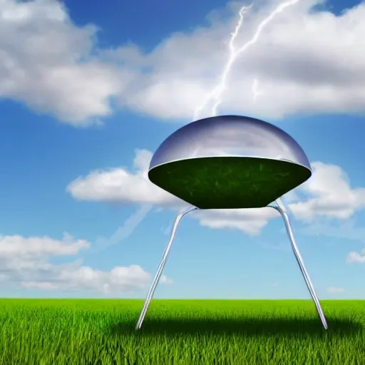 Image similar to a realistic chrome ufo landed on a field, green hills, summer day, beautiful, blue skies