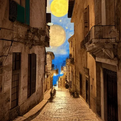 Image similar to romantic drawing of modica by night, old italian town, many city lights in the night, full moon, beautiful stars, deep under the sea, tropical fishes, amazing shadows, beautiful render, astounding details, high definition, pixar movie