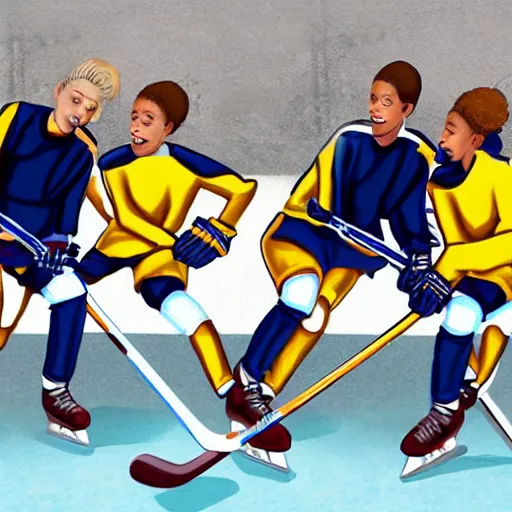 Image similar to a squad of Beyoncé clones playing hockey, photorealistic