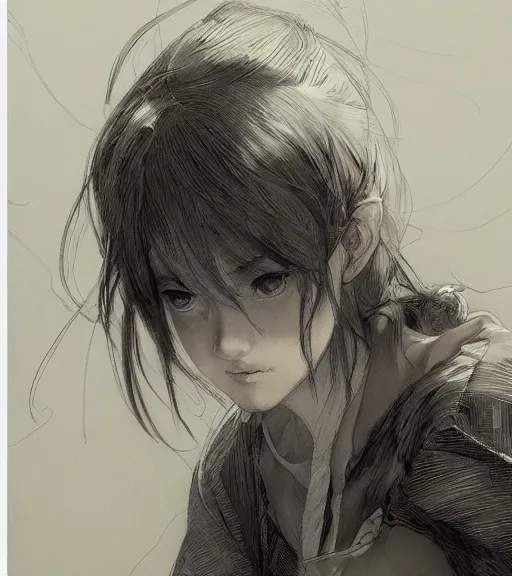 Image similar to portrait of anime girl wearing pajamas, pen and ink, intricate line drawings, by craig mullins, ruan jia, kentaro miura, greg rutkowski, loundraw