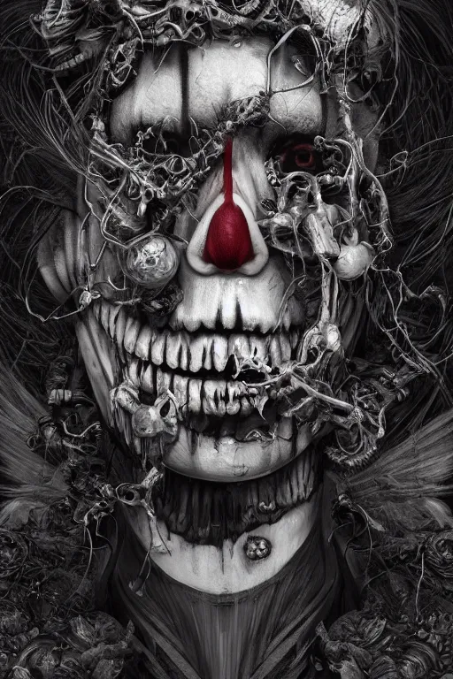 Image similar to portrait of a creepy clown girl skull. intricate abstract. intricate artwork. nightmare fuel. terrifying. by Tooth Wu, wlop, beeple, dan mumford. octane render, trending on artstation, greg rutkowski very coherent symmetrical artwork. cinematic, hyper realism, high detail, octane render, 8k, iridescent accents, black and white