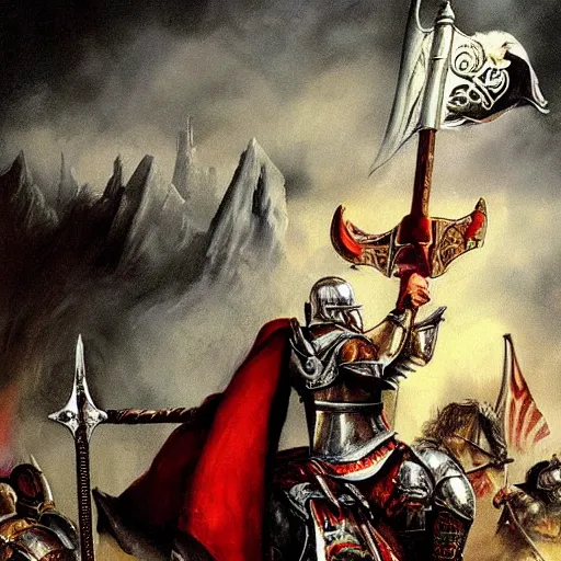 Image similar to trump as a viking, crusader times, bloody, epic painting