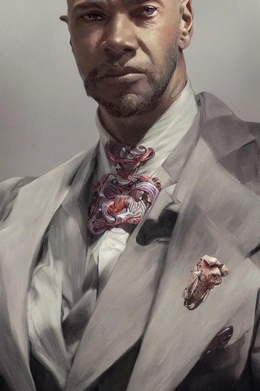 Prompt: portrait of James Cage White, millionaire suit, evil mastermind, fantasy, intricate, realistic, cinematic lighting, highly detailed, digital painting, Artstation, concept art, smooth, sharp focus, illustration, art by Artgerm and Greg Rutkowski and Alphonse Mucha