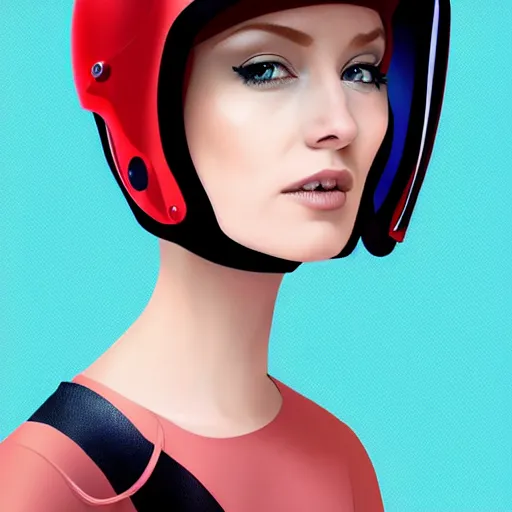 Prompt: a beautiful woman wearing futuristic helmet, redhead, short hair, digital art, extremely detailed