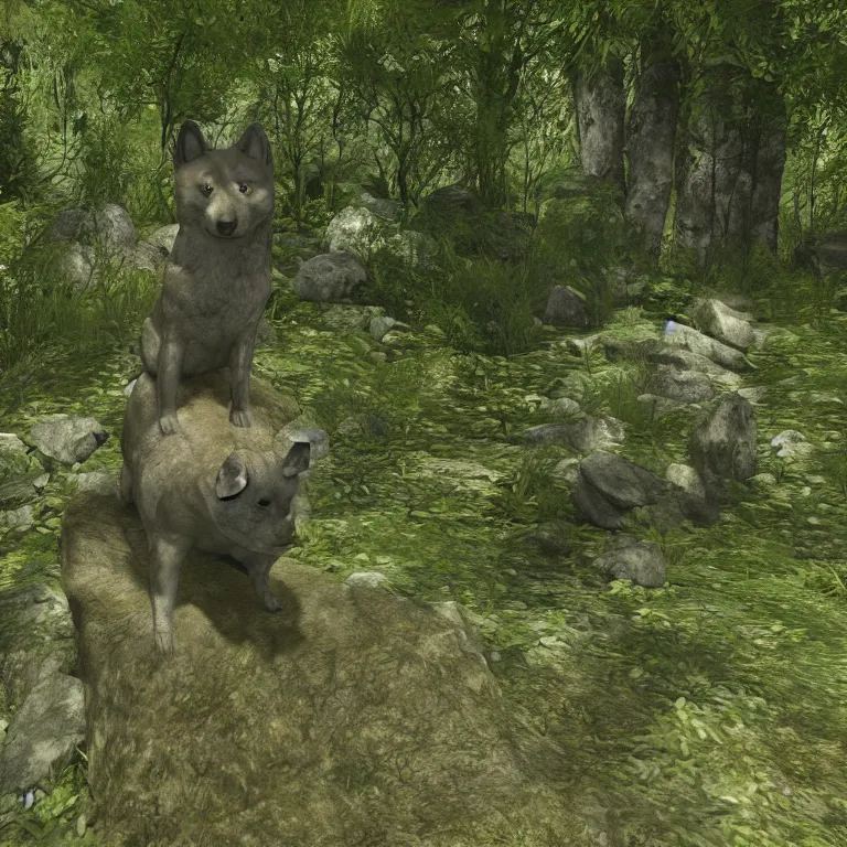 Image similar to a stone shiba inu statue in a lush forest, skyrim pc screenshot