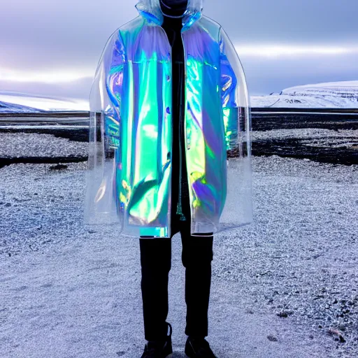 Image similar to an ultra high definition professional studio quality photograph of an artificially intelligent cyberpunk art influencer wearing a transparent iridescent pastel coloured face visor and matching bubbly puffy raincoat on white coat hook in a sheer icelandic black rock environment. dramatic lighting. volumetric shadows. light rays