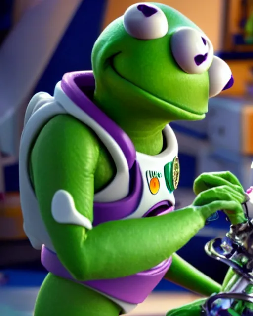 Image similar to Film still close-up shot of kermit the frog as Buzz Lightyear in the movie Toy Story 3. Photographic, photography