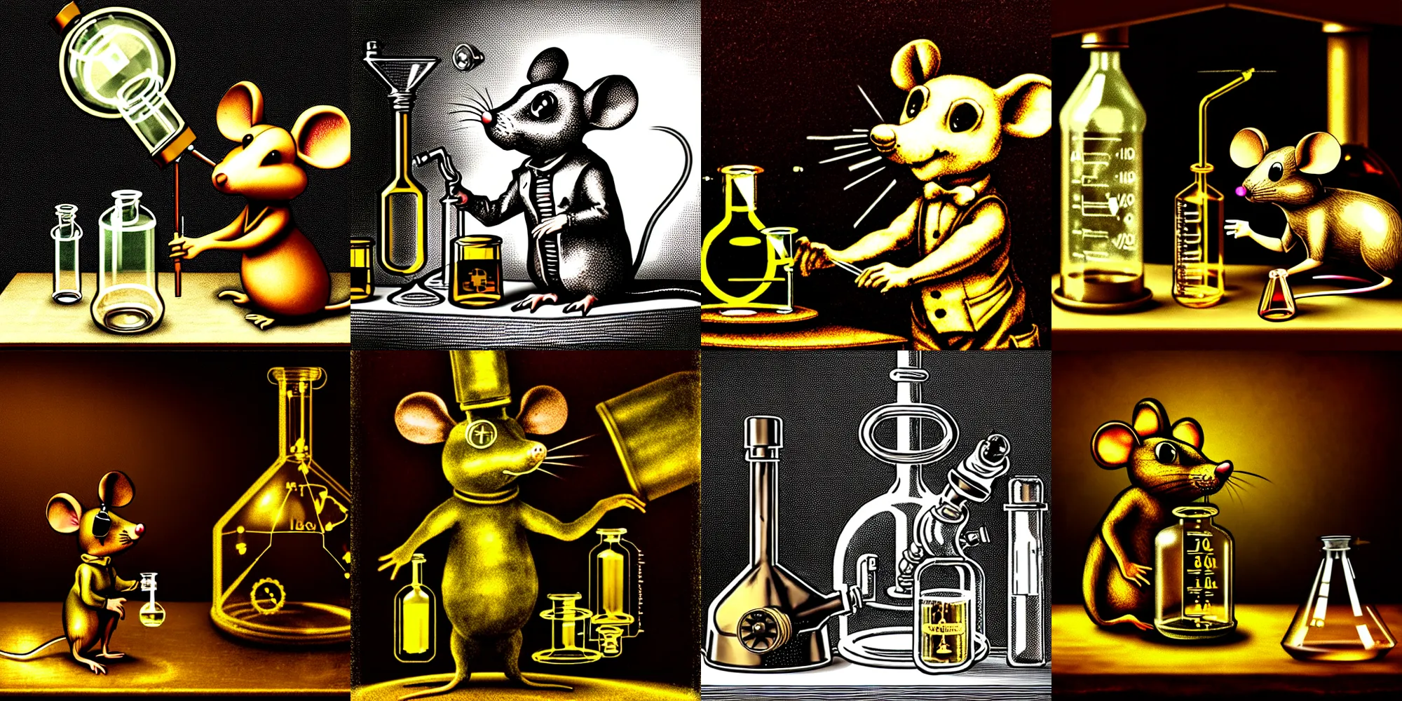 Prompt: a steampunk mouse performing a chemistry experiment with radioactive beakers, realistic, chiaroscuro, renaissance art, realistic, intricate textures