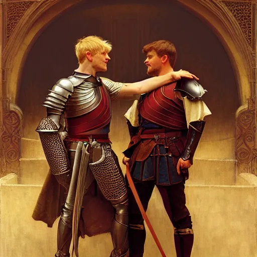 Image similar to attractive arthur pendragon and his attractive male knight, they are in love, natural lighting, path traced, highly detailed, high quality, digital painting, by gaston bussiere, craig mullins, alphonse mucha j. c. leyendecker