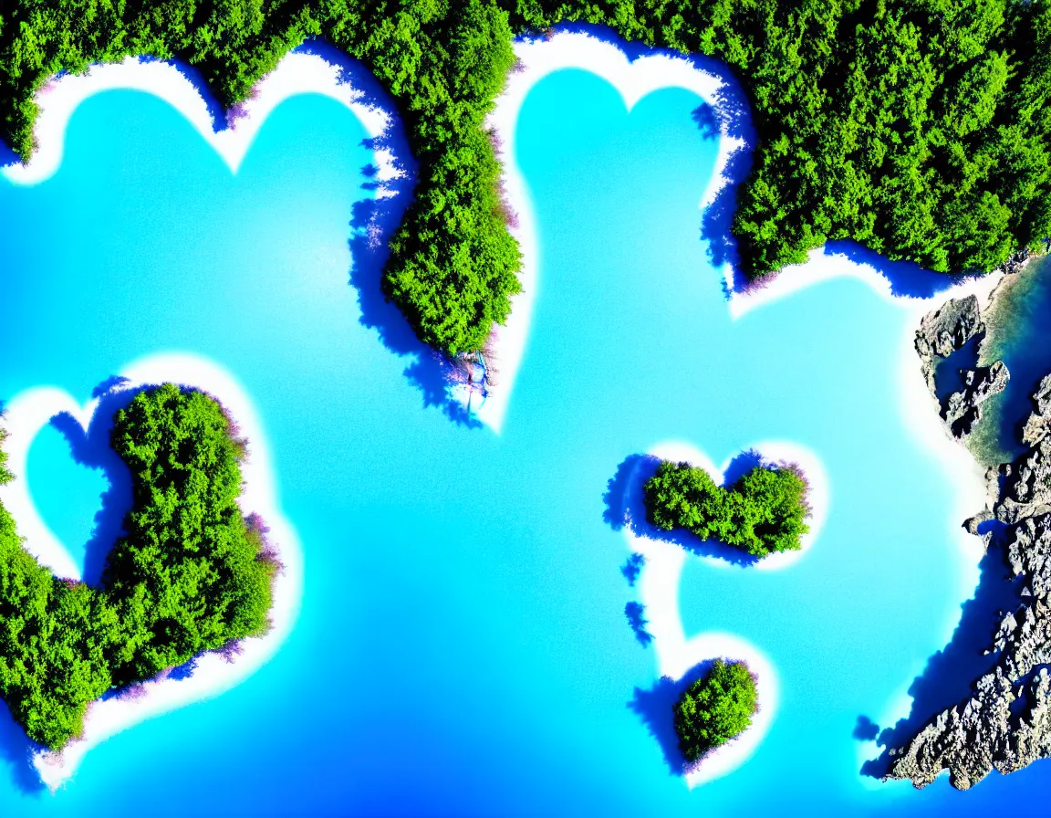 Prompt: realistic photograph of exotic tree heart / shaped island with blue lagoon, tranquil scene