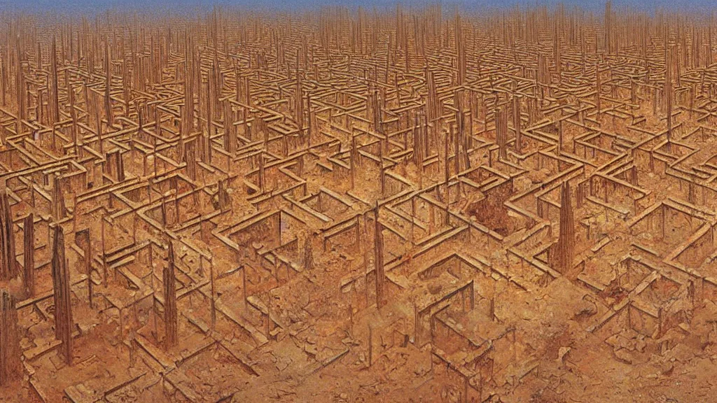 Image similar to atmospheric ancient ruins of a giant maze in the desert by beksinski and peter gric and bruce pennington