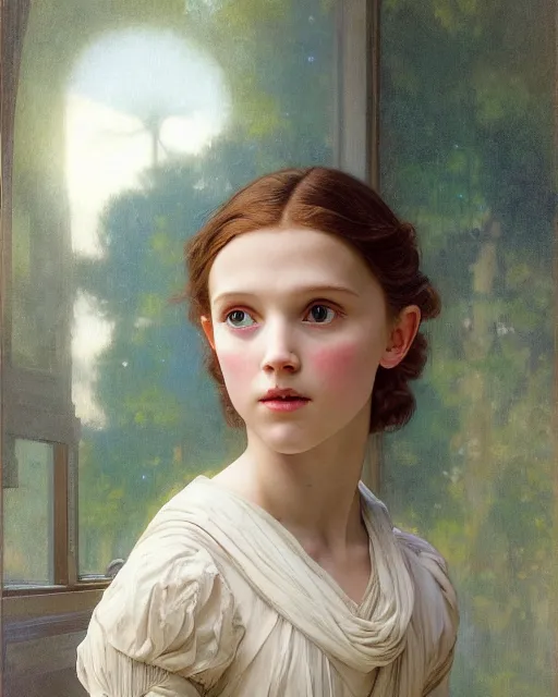 Prompt: a window - lit realistic portrait painting of a thoughtful girl resembling a young, shy, redheaded alicia vikander or millie bobby brown as an ornately dressed princess from the latest star wars movie, highly detailed, intricate, by bouguereau, alphonse mucha, and donato giancola