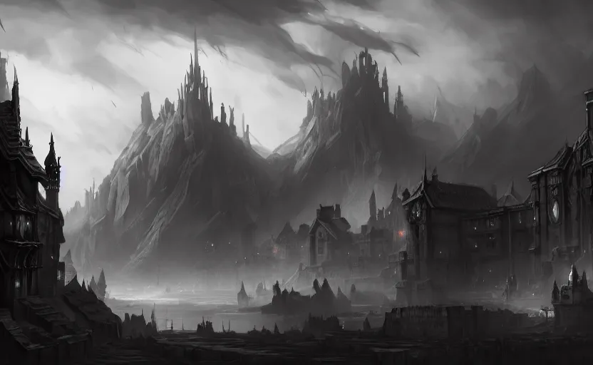 Image similar to extreme long shot concept art depicted old english majestic town, dramatic mood, overcast mood, dark fantasy environment, dieselpunk, art from legends of runeterra, art from league of legends, art from arcane, trending on artstation, unreal engine, golden ratio, spectacular composition