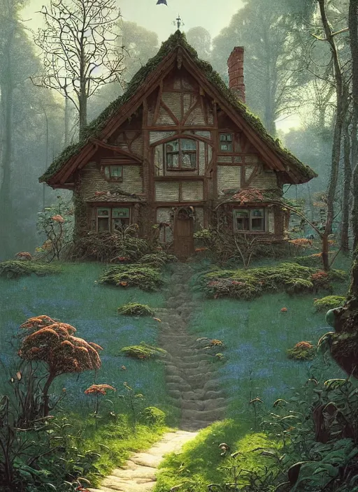 Image similar to hyper realistic homely ornate modern witch cottage distant down a path in the woods gorgeous lighting, blue sky, highly detailed, lush forest by zdzisław beksinski and norman rockwell and greg rutkowskiweta studio, and lucasfilm