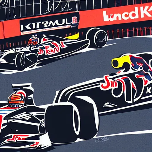 Image similar to illustration of red - bull - mechanic working, formula 1, paddock, style by kienan lafferty knkl