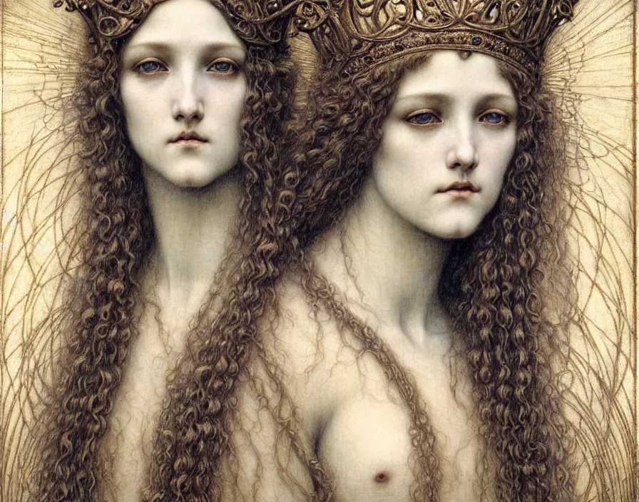 Image similar to detailed realistic beautiful young medieval queen face portrait by jean delville, gustave dore and marco mazzoni, art nouveau, symbolist, visionary, gothic, pre - raphaelite. horizontal symmetry