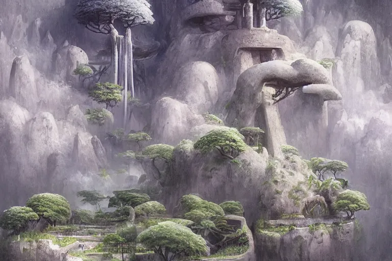 Prompt: Brutalist Shiro, Gleaming White, fey magical lighting, overlooking a valley, Himeji Rivendell Garden of Eden, terraced orchards and ponds, lush fertile fecund, fruit trees, amazing concept painting, by Jessica Rossier by Brian Froud by Beksinski