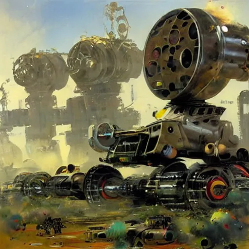 Image similar to a futuristic land walking vehicle with six robot legs and a huge cannon, painting by john berkey