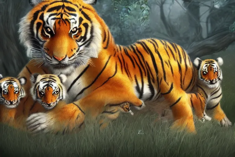 Image similar to beautiful aesthetic digital illustration of a solitary female tiger with her litter of newborn cubs by Lisa Parker and Anne Stokes, matte background, deviantArt, artstation, trending on artstation