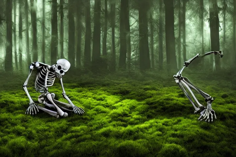 Prompt: human skeleton behind computer overgrown with moss, in forest, dark atmosphere, fanstasy, digital art, very realistic, trending on artsstation, very detailed