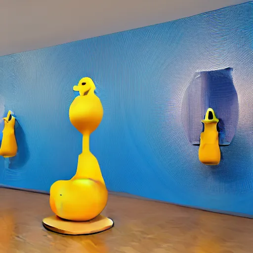 Image similar to one hyper real rubber duck on a pedestal in an art gallery, the walls are covered with colorful geometric wall paintings in the style of sol lewitt.