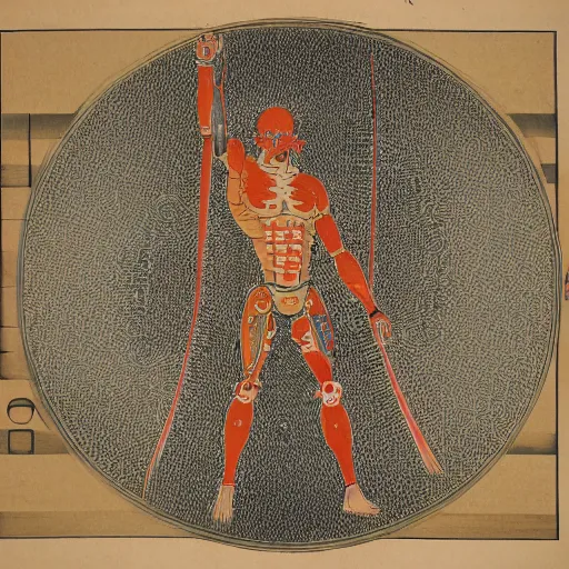 Image similar to a brilliantly colored Japanese scroll of an exploded diagram of a detailed engineering schematic of a cyborg samurai made by an AI in the pose vitruvian man in the style of jean giraud , post-processing , award winning, photo realistic, aged blood stains