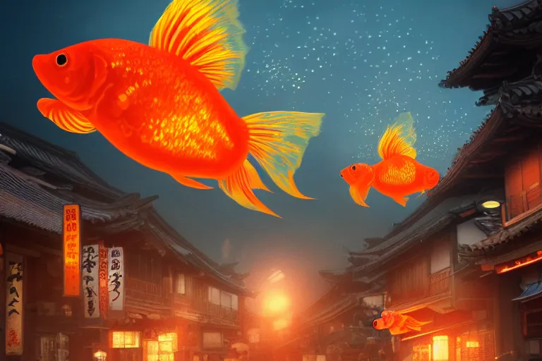 Prompt: fantasy art of glowing goldfish swimming in the air, in the streets of a japanese town at night, with people watching in wonder, by fenghua zhong, highly detailed digital art, trending on artstation