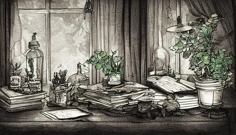 Prompt: plants and flowers immersed in glass bottles on table on witch's room, witch's hat, old books and dip pen, nostalgic, digital illustration, dramatic lighting, cinematic composition, concept art, detailed textures
