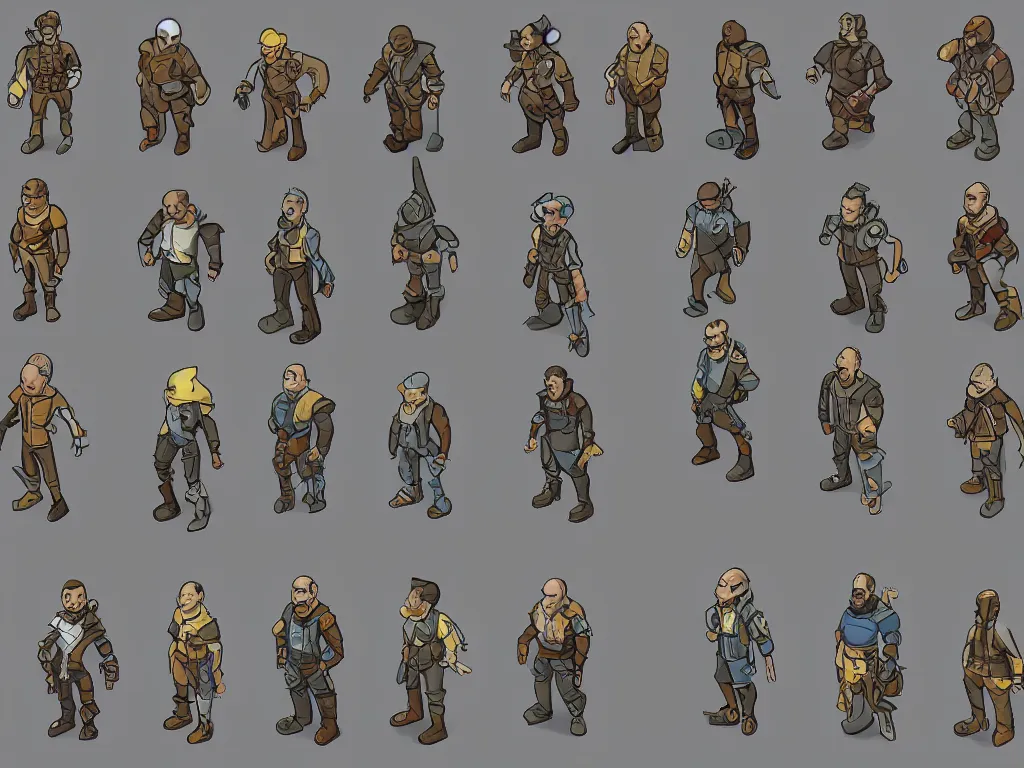 Prompt: isometric character sprite sheet. small character sheet! characters! fallout npc, gouache, kitbash, arcane, overwatch, white background