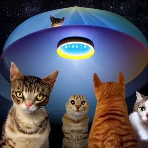 Image similar to ufo flying saucer being piloted by several cats, trippy